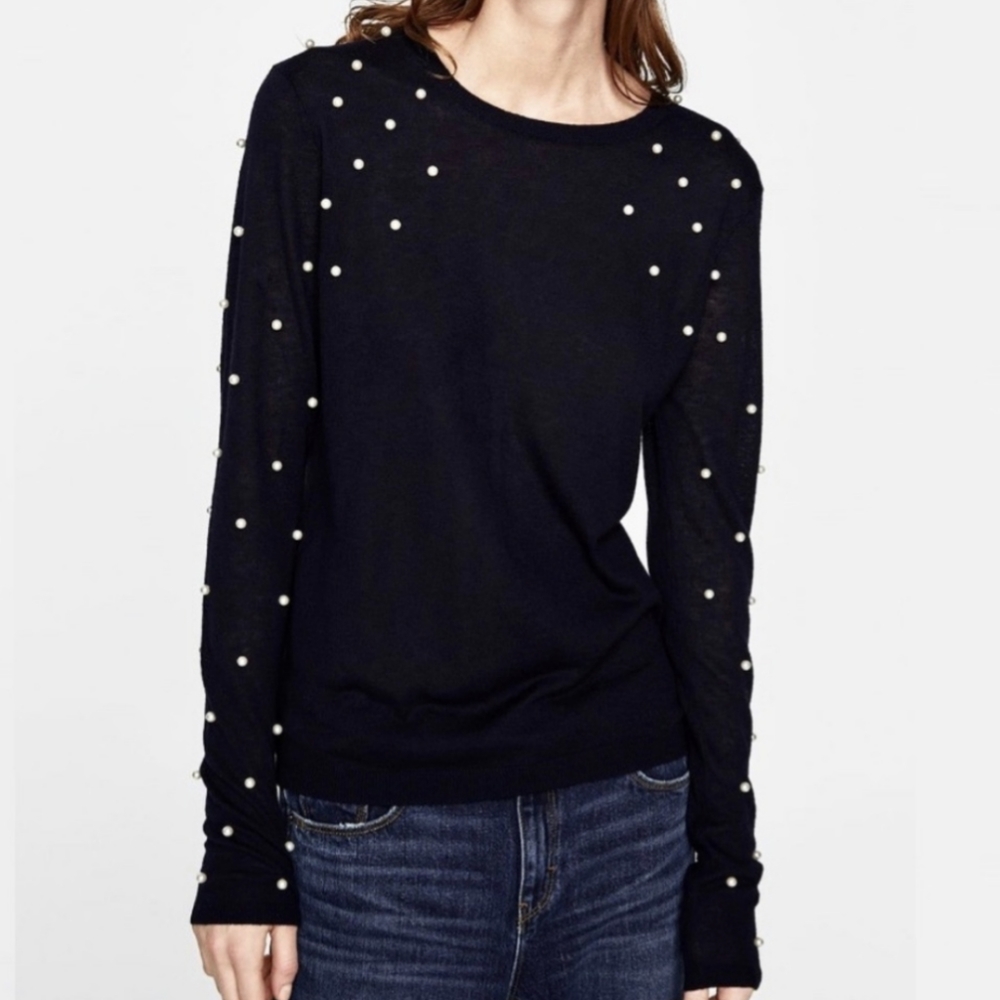 ZARA Knit NWOT Black Sweater Faux Pearl Embellished Sz. M Crew Neck Jumper